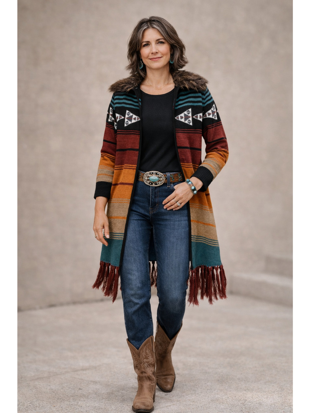 Powder River Outfitters Aztec Boho Festival Fringe Knit Cardigan Womens Large